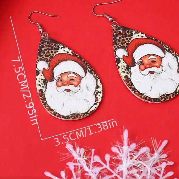 Faux Leather Leopard Print Santa Earrings - Picture 2 of 5